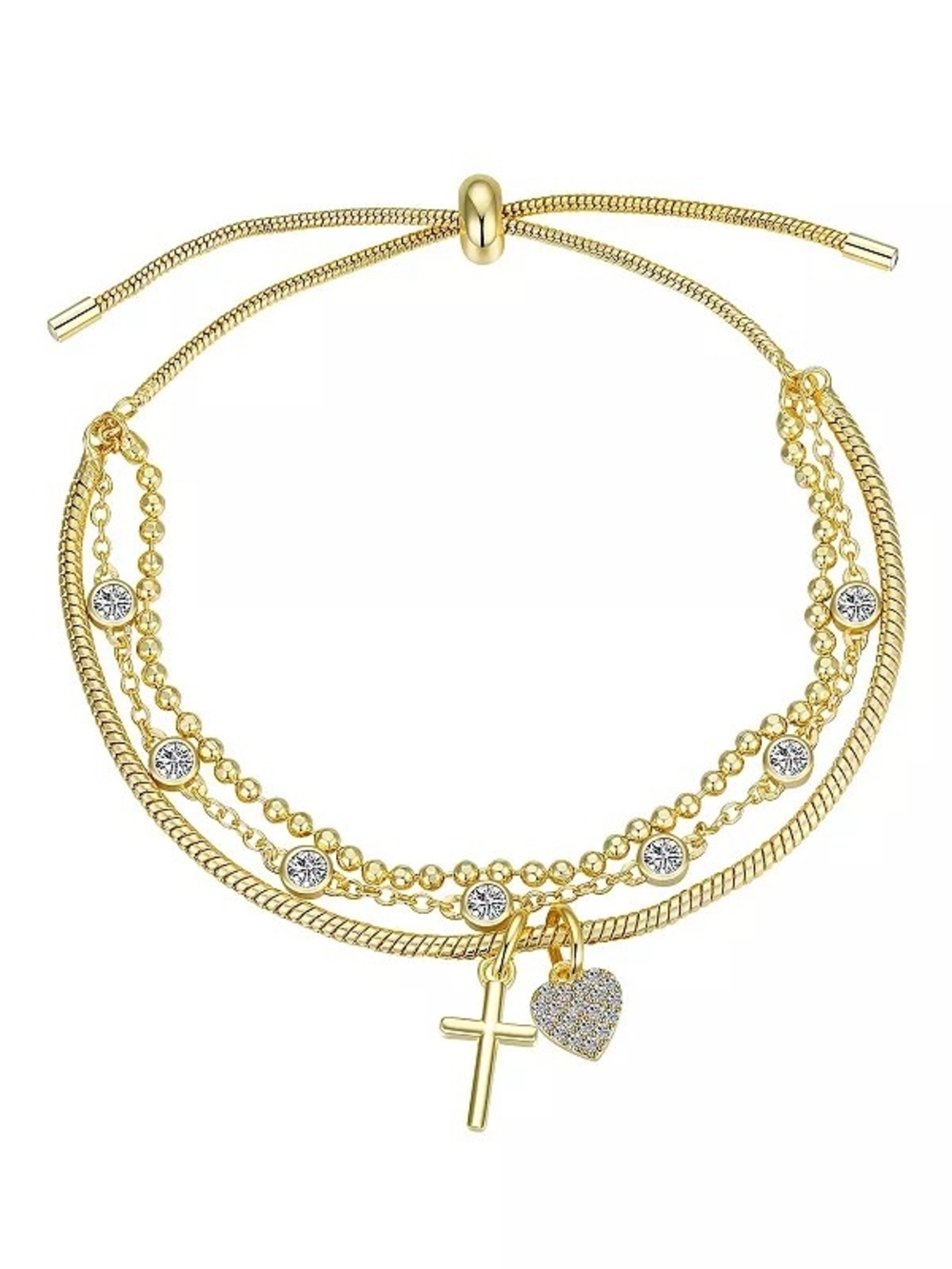 Brilliance Cubic Zirconia Triple Strand Cross & Heart Adjustable Bracelet